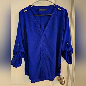 Womens Zara Basics Size Medium Royal Blue Roll Tab Sleeve Blouse